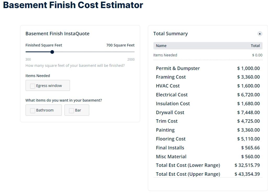 Basement Calculator Estimate screenshot